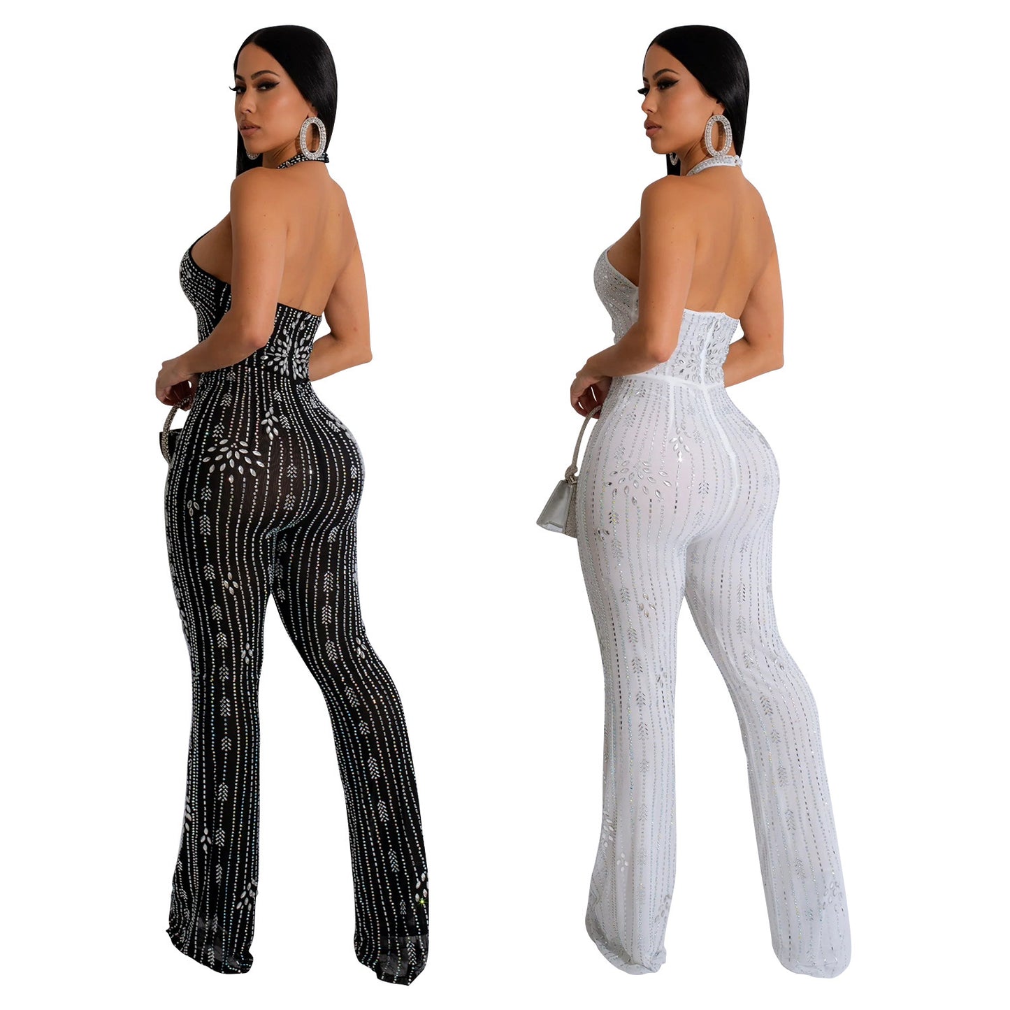 Natural Body Fit Rhinestone Sleeveless Halter Trousers Jumpsuit