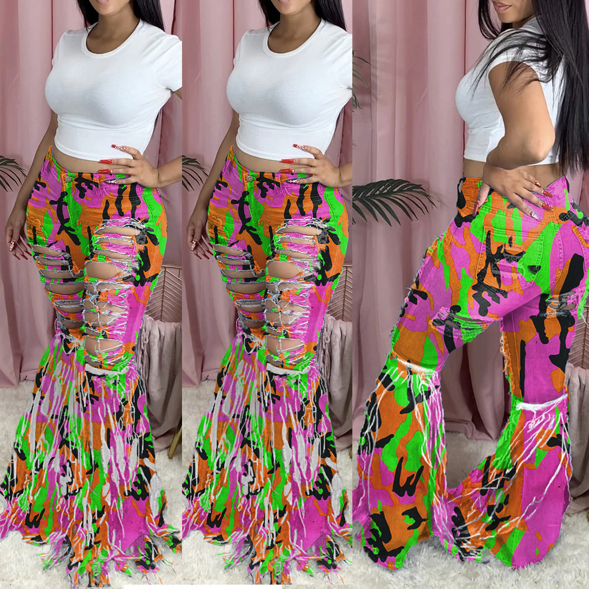 American Tassel Brushed Denim Trousers For Women's Casual Flared Trousers