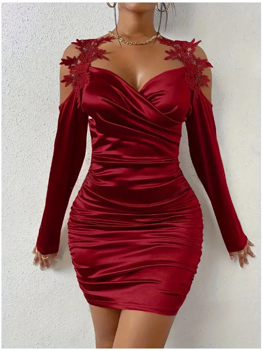 Natural Body Luxury Satin Elegant Lace Bodycon Dress With Pleated Skirt