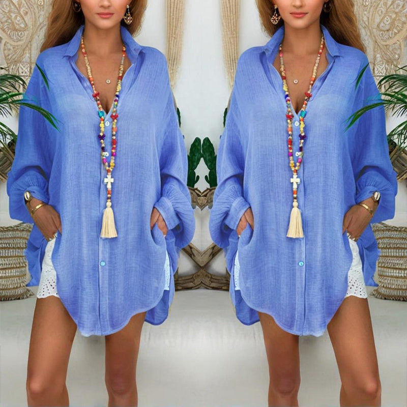 Natural Body Plus Size Women's Solid Color Notch Lapel Long Sleeve Dress With Button Front Sheer Lightweight Midi Dress For Summer