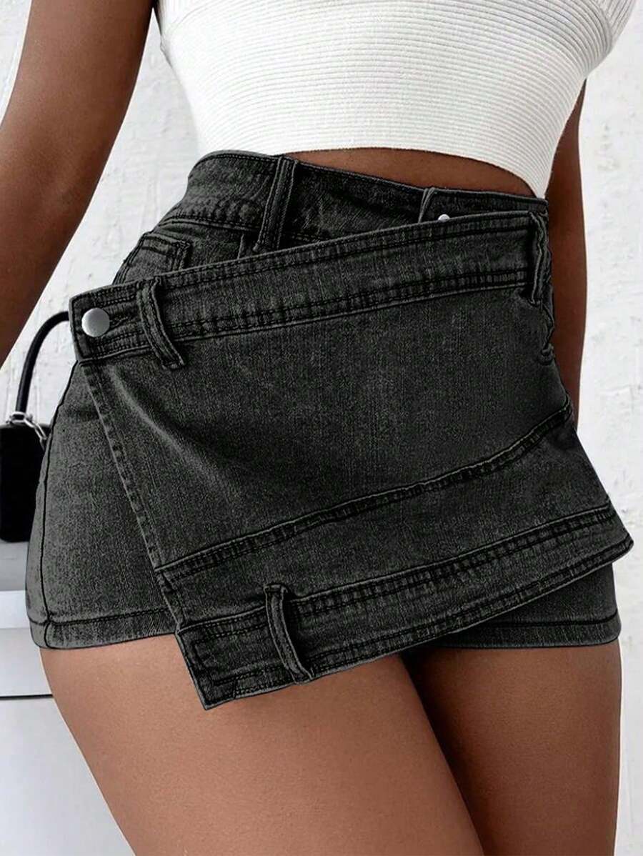 Natural Body Fashions Grunge Punk Street New Vintage Stretchy Overlap Waist Wrap Denim Skorts Jeans