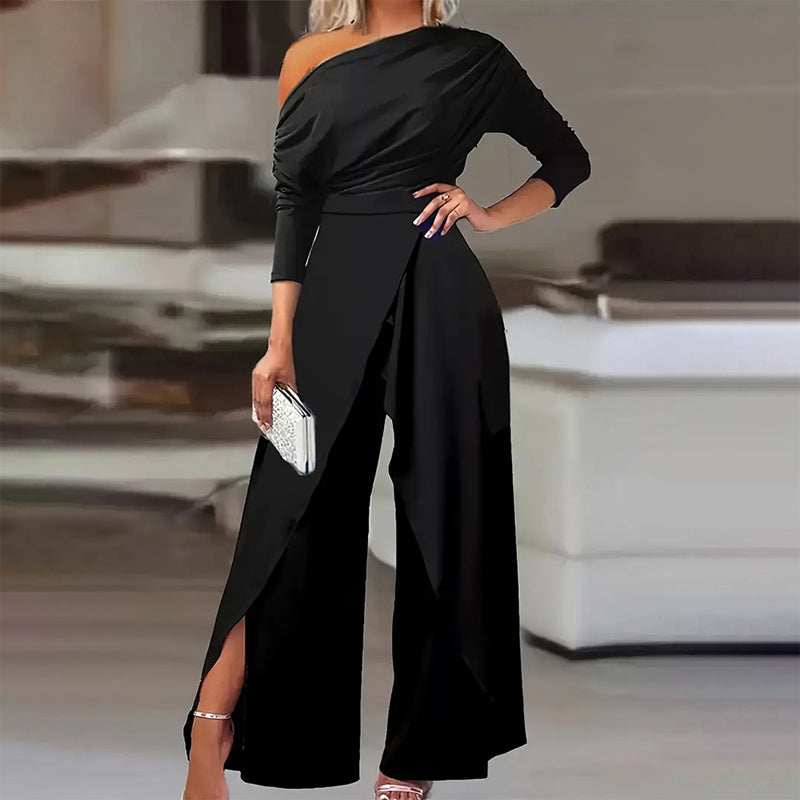 Women's Elegant One-Shoulder Jumpsuit With Long Sleeves & Pants Slit Pleated Waist Formal & Party