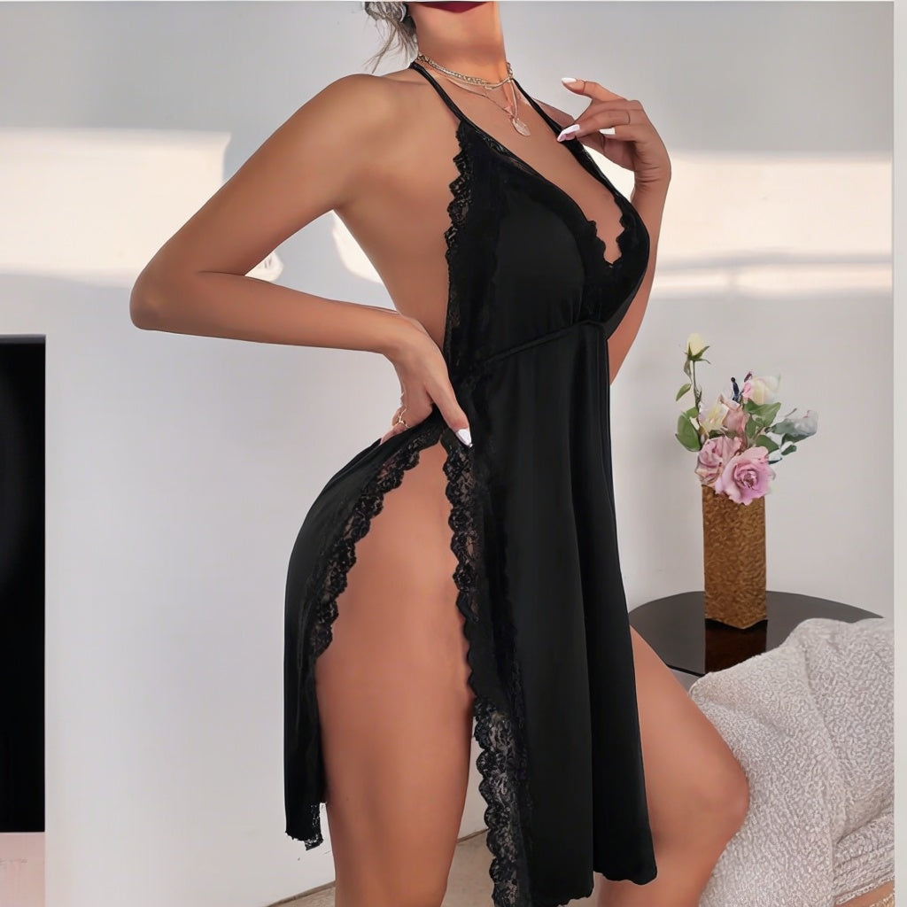 Elegant Women's Black Lace Slit Dress - Deep V-neck Lace Natural Body Fit