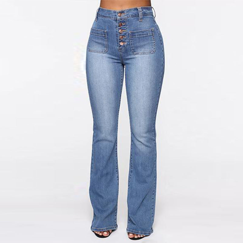 Plus Size Jeans Women Patch Pocket Washed Ladies High Waist Denim