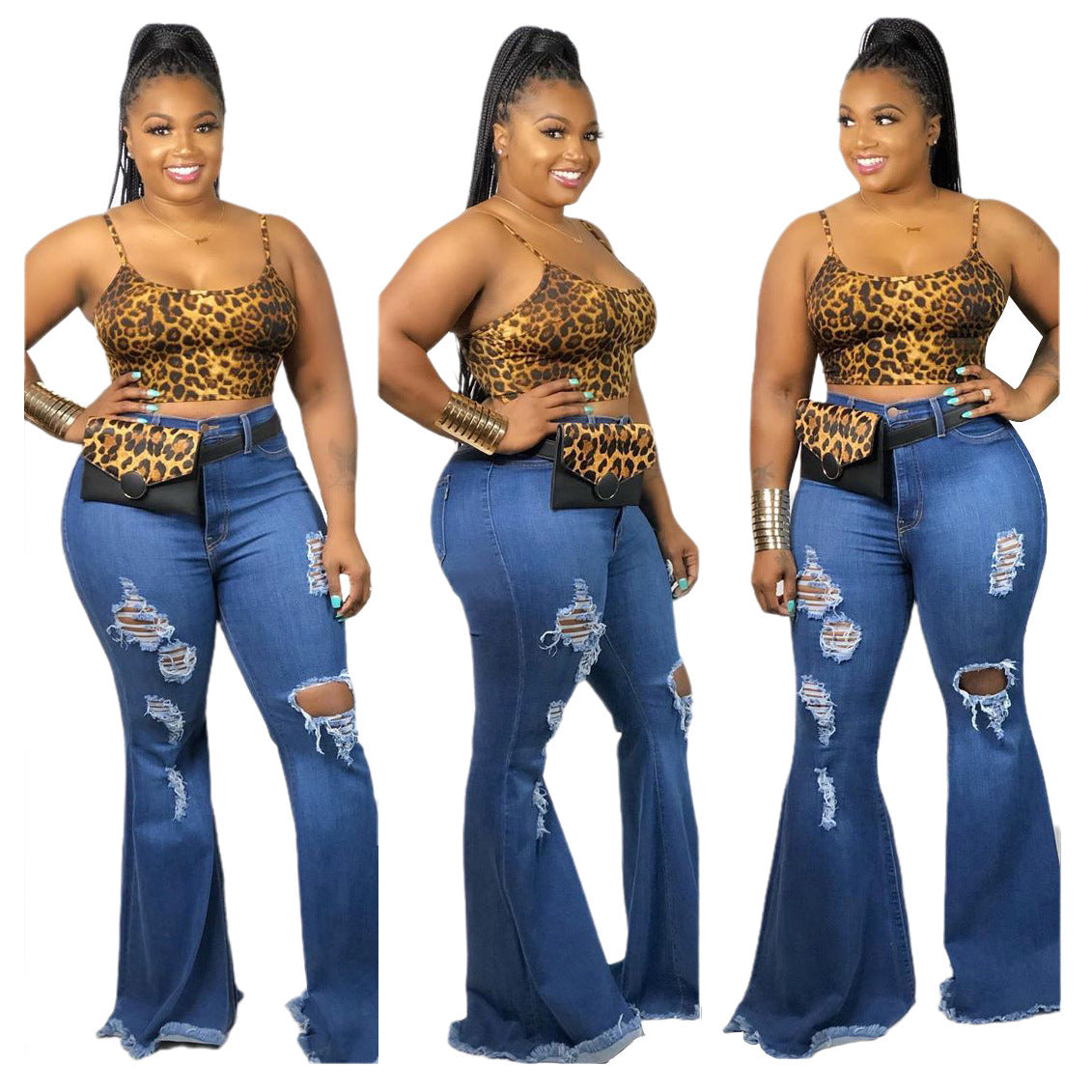 Natural Fashion Large Knee Ripped Slim Denim Stretch Jeans