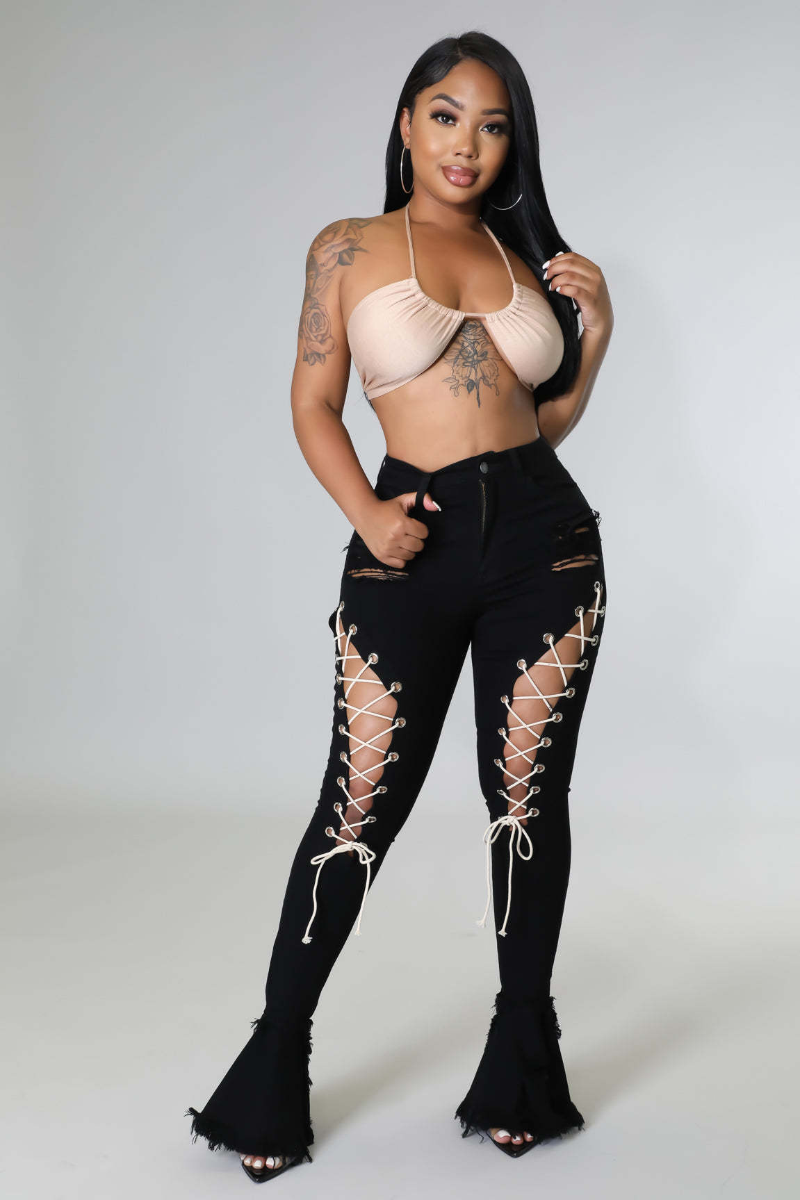 Sexy Mid-waist Retro Tattered Jeans Elastic Corns Bandage Mop Denim Bell-bottom Pants