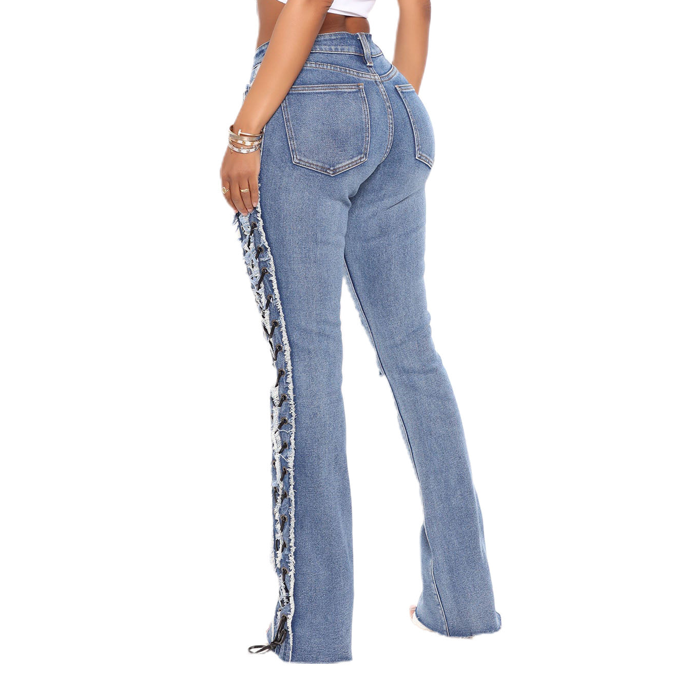 Eyelet Rope High Elasticity Slim Fit Ripped Denim Jeans