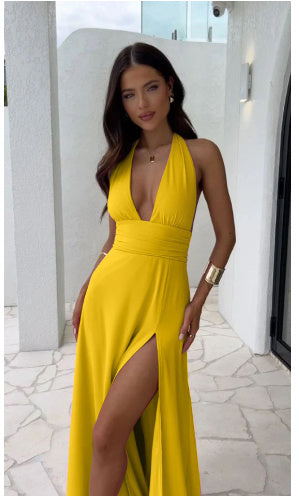 Sexy Halter Neck V-neck Slit Dress Backless Strappy Skirt Fashion Temperament Clothing Women