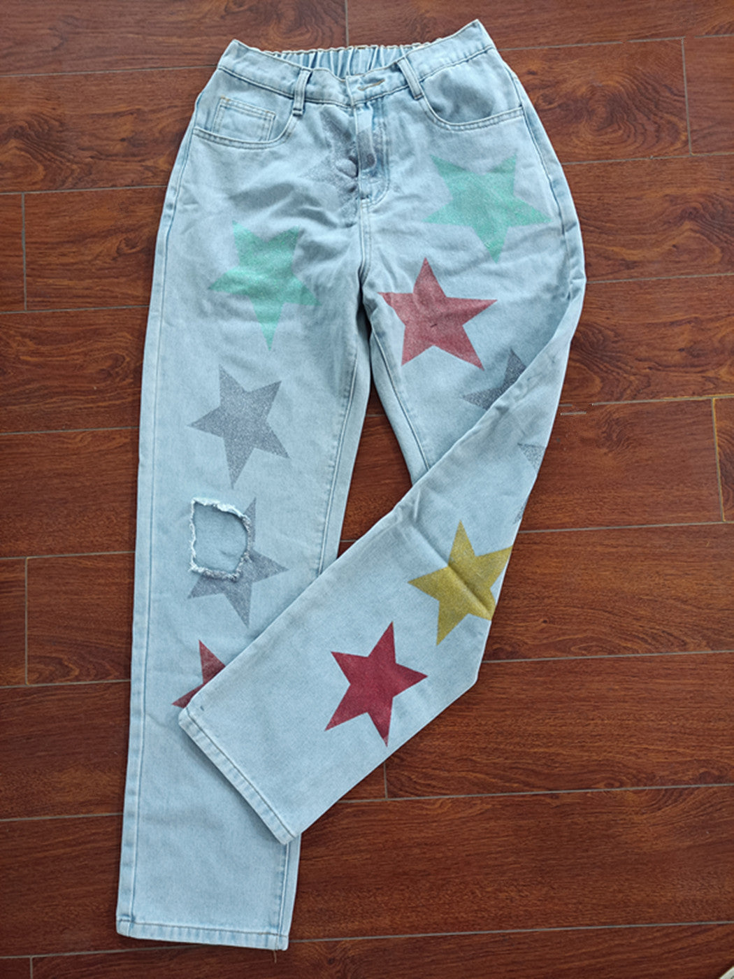 Denim Printed Ripped Five-pointed Star Jeans