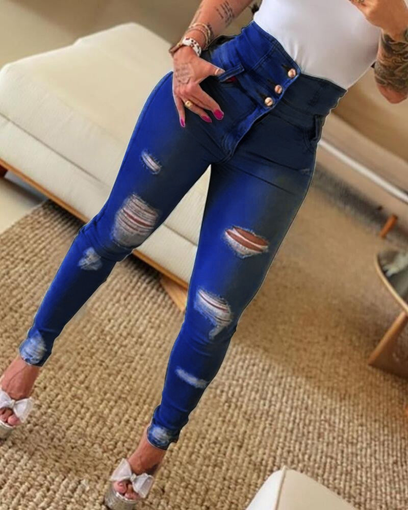 Slim High Waist Natural Ripped Skinny Ripped Pants