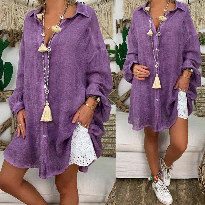 Natural Body Plus Size Women's Solid Color Notch Lapel Long Sleeve Dress With Button Front Sheer Lightweight Midi Dress For Summer