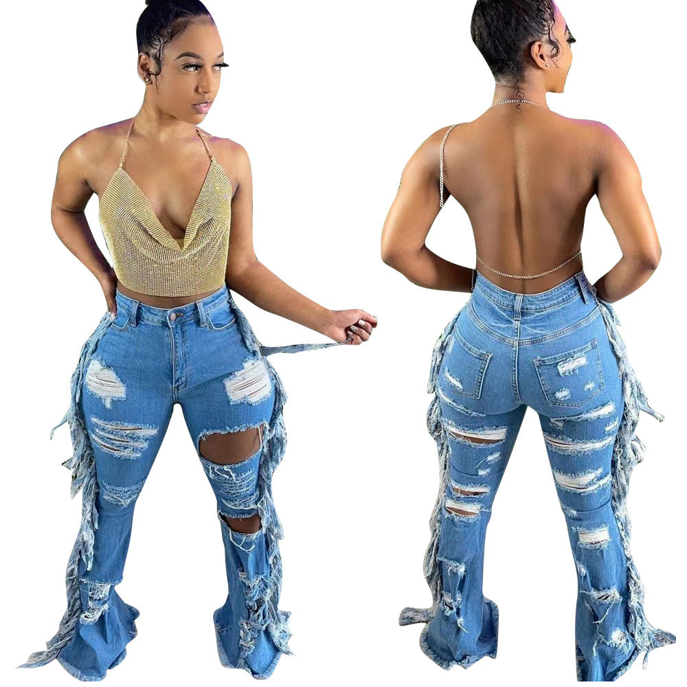 Natural Body Fit American Distressed Washed Tassel Jeans