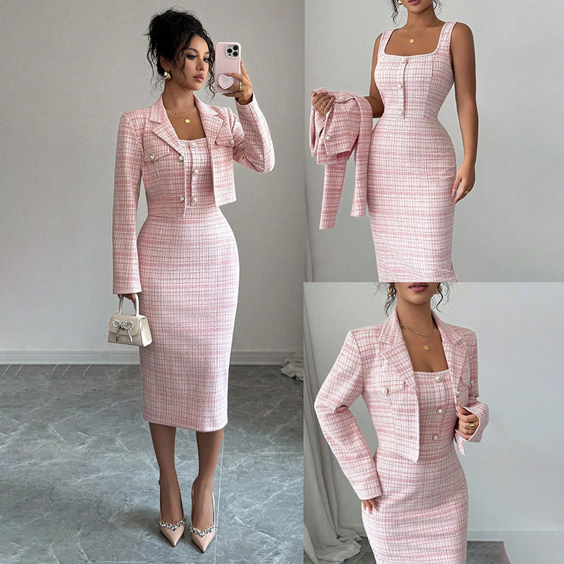 Women's Clothing Skirts Suit Lapel Long Sleeve Short Plaid Jacket