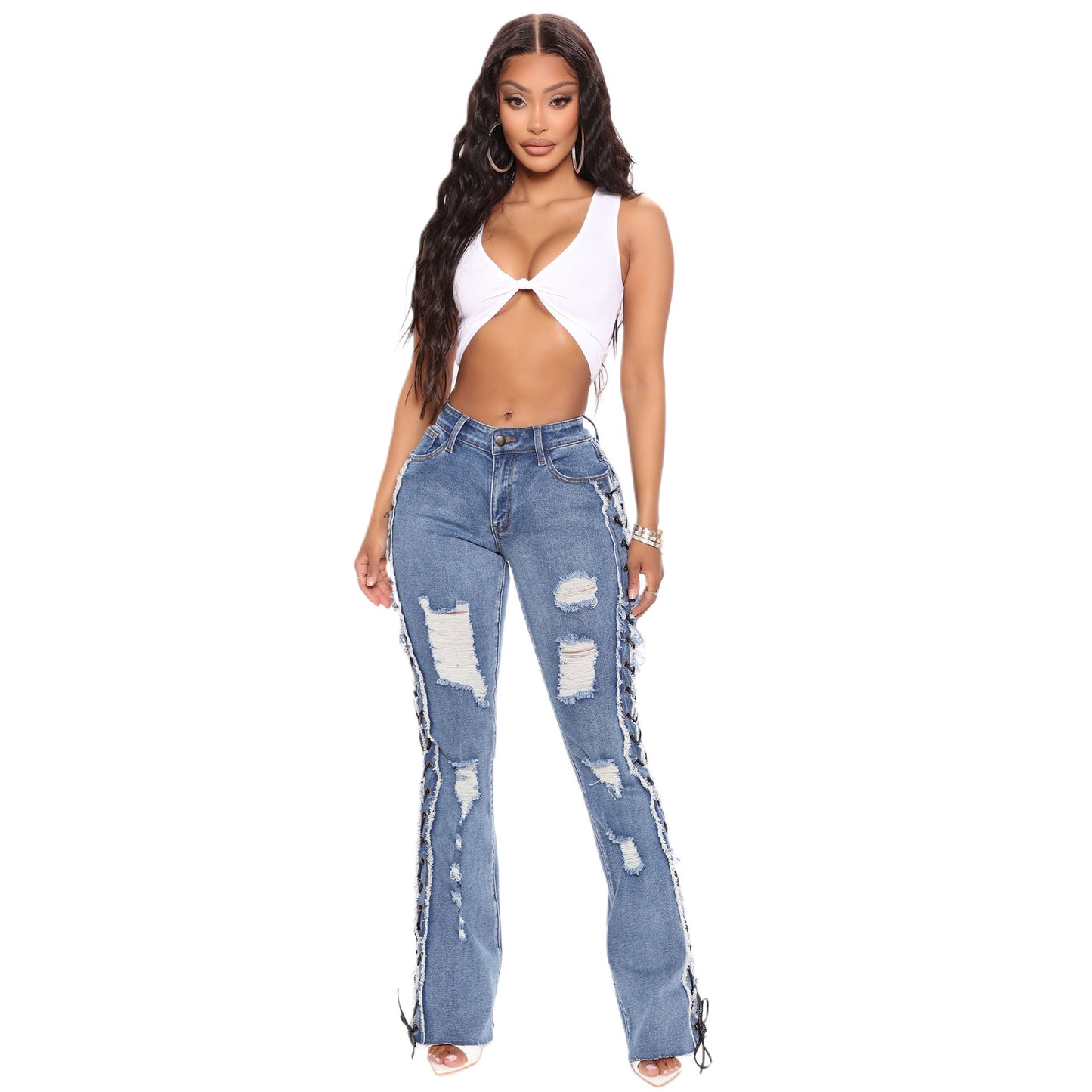 Eyelet Rope High Elasticity Slim Fit Ripped Denim Jeans