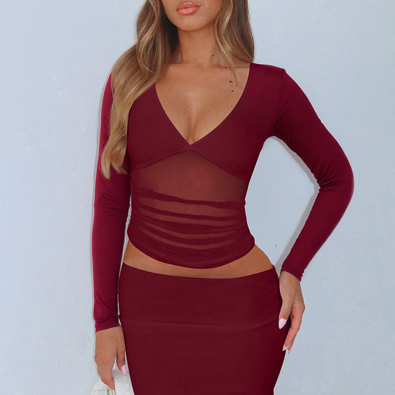 Women's Mesh Slim Fit Patchwork Slimming Long Sleeve Top