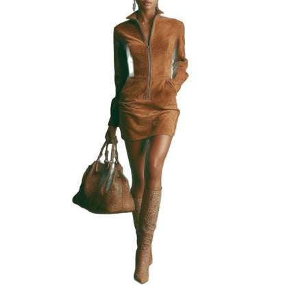 Deer Skin Velvet French Long-sleeve Zipper Dress Short Skirt