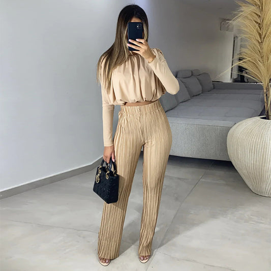 Women's Fashion Temperament Crew Neck Long Sleeve Blouse Business Two-piece Set