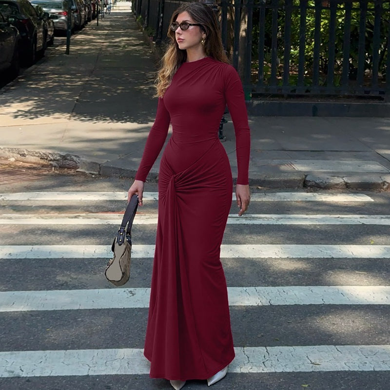 Women's Waist Trimming Lace Up Sheath Dress Solid Color Slim Fit