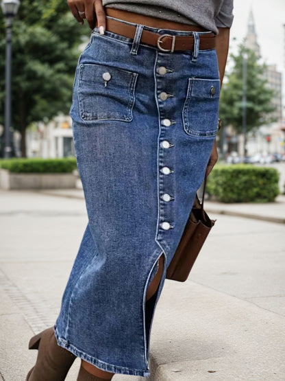 2025 SpringSummer New Women's Elastic Denim Large Size Medium Long Skirt, Casual Blue Large Size Denim Skirt, Split Denim Dress