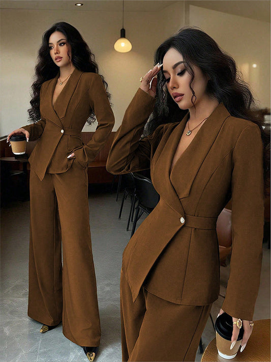 Women’s Long-Sleeved Suit Jacket & Straight-Leg Pants Set – Elegant Two-Piece Outfit by Natural Body Fashion