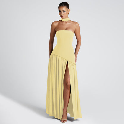 Natural Body Pure Color Split Backless Elegant Streamer Dress with streamer