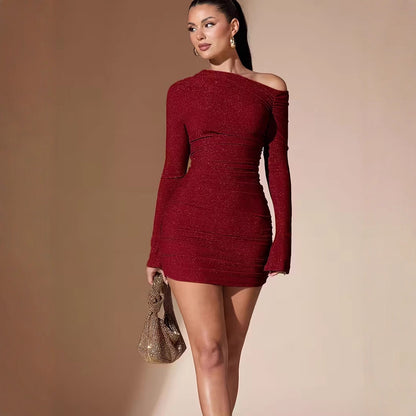 Women's Sexy Oblique Shoulder Party Solid Color Dress