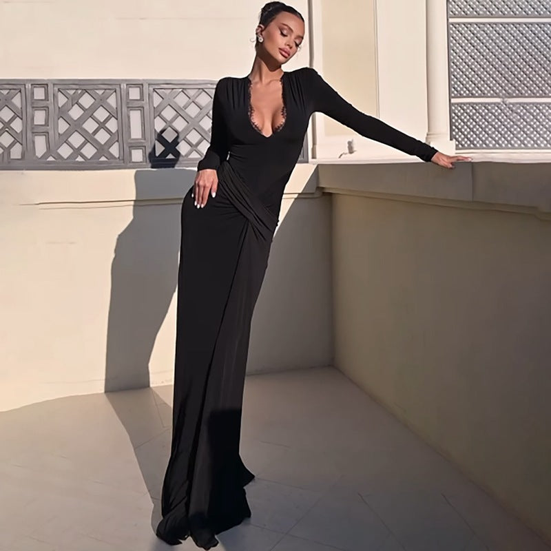 Fashionable Slim-fit Tight Waist Twisted Solid Color Long-sleeved Dress