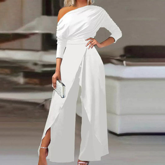 Women's Elegant One-Shoulder Jumpsuit With Long Sleeves & Pants Slit Pleated Waist Formal & Party