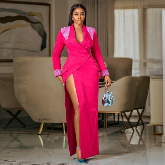 Natural Body Rose Red Suit Collar Deep V Split High Waist Dress