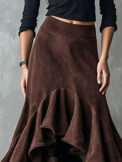 Western Brown High-Low Eco Suede Ruffle Maxi Skirt