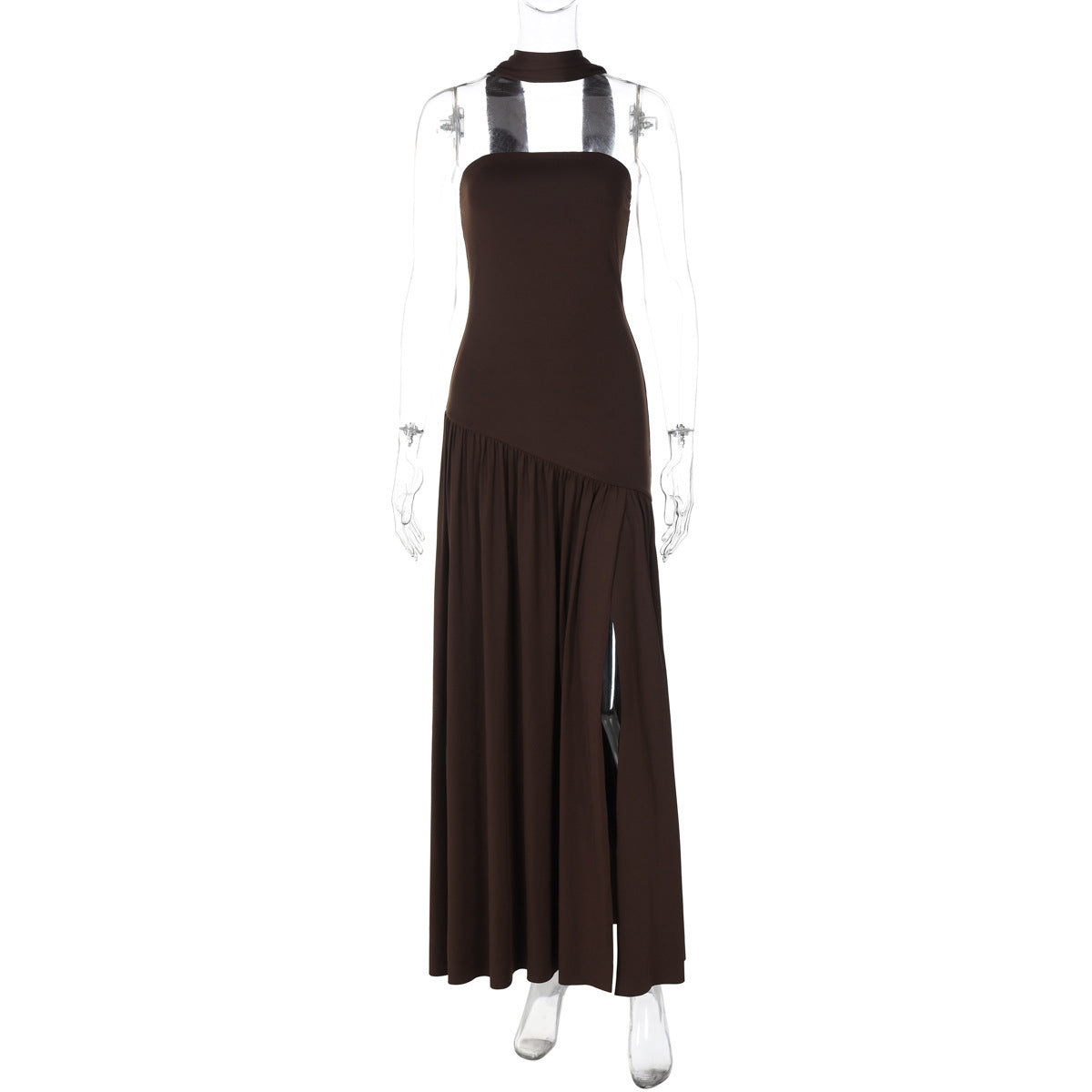 Natural Body Pure Color Split Backless Elegant Streamer Dress with streamer