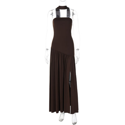 Natural Body Pure Color Split Backless Elegant Streamer Dress with streamer