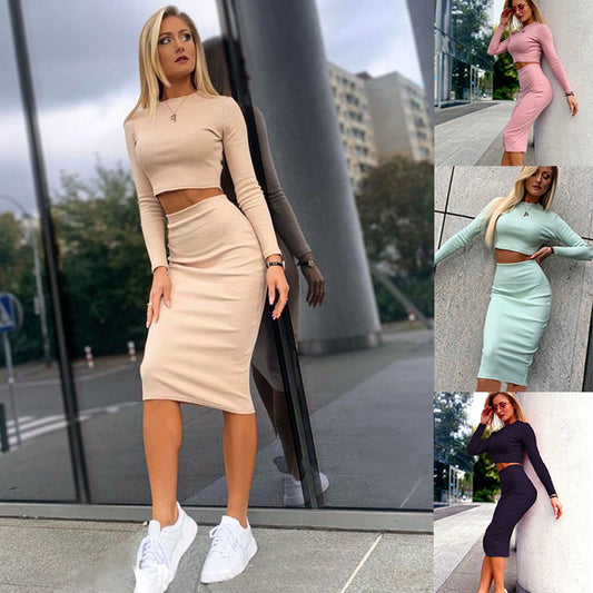 Natural Body Fashionable Solid Color Top And Hip Skirt Two-piece Set