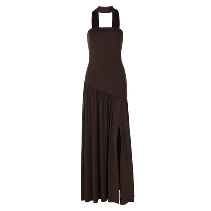 Natural Body Pure Color Split Backless Elegant Streamer Dress with streamer