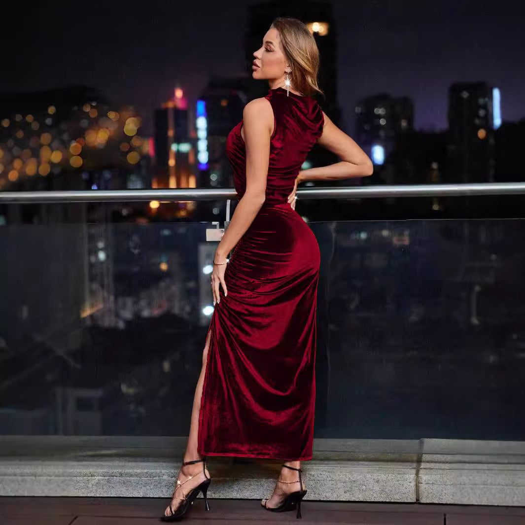 2026 Fashionable And Craftily-designed Side Slit Slim Sheath Sexy Velvet Dress