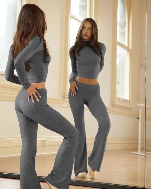 Leisure Sports Two-piece Set, Long Sleeved High Waisted Foldable Flared Pants, Sports Suit, Streetwear