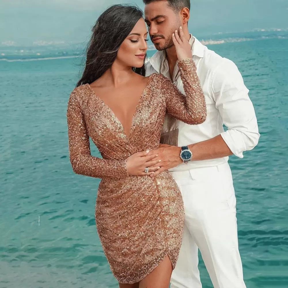 Natural Body Deep V Long Sleeve Slim Pencil Dress