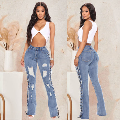 Eyelet Rope High Elasticity Slim Fit Ripped Denim Jeans
