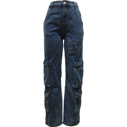 High Quality Wash Bellows Pocket Workwear Bag Zipper Denim Trousers