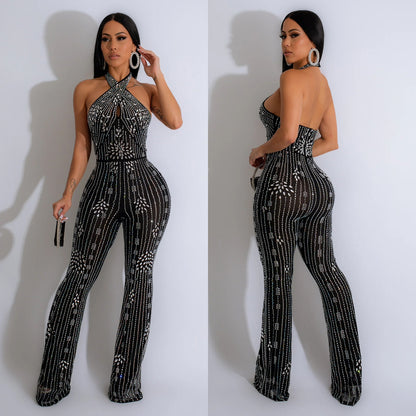 Natural Body Fit Rhinestone Sleeveless Halter Trousers Jumpsuit