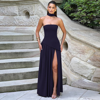Natural Body Pure Color Split Backless Elegant Streamer Dress with streamer
