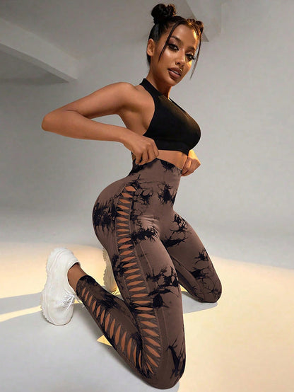 6Pcs Tie-dye Cut-out Leggings Women's Yoga Pants