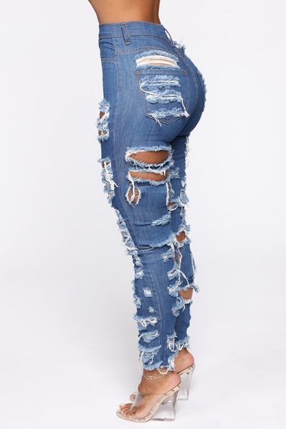 Natural Body Fashion Cut And Tear Stretchy Calf Jeans