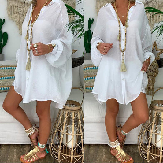 Natural Body Plus Size Women's Solid Color Notch Lapel Long Sleeve Dress With Button Front Sheer Lightweight Midi Dress For Summer