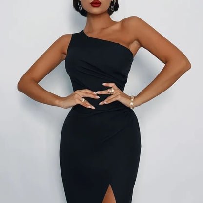 Elegant Sexy Slim-fit Shoulder Slit Satin Dress For Women