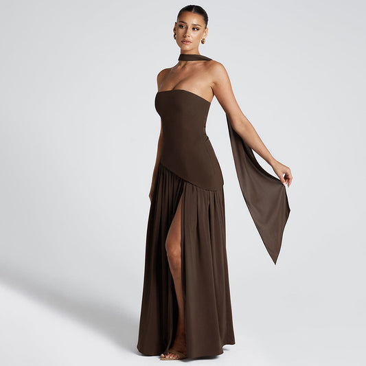 Natural Body Pure Color Split Backless Elegant Streamer Dress with streamer