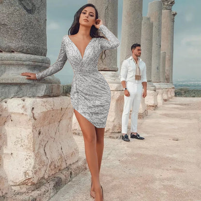 Natural Body Deep V Long Sleeve Slim Pencil Dress