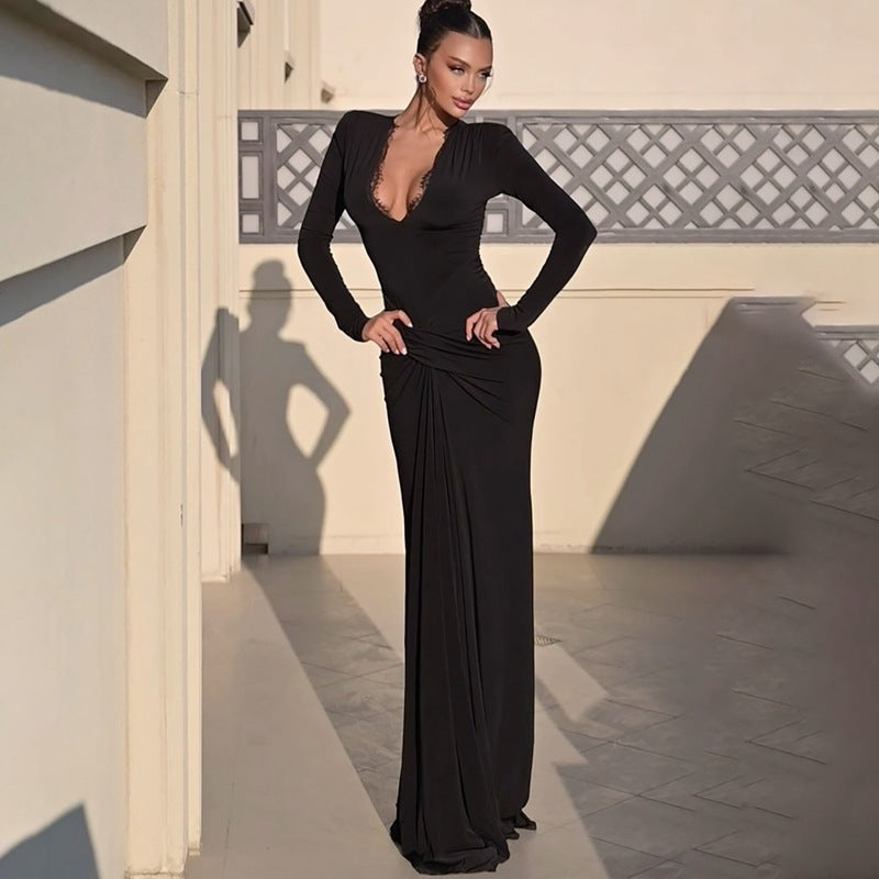 Fashionable Slim-fit Tight Waist Twisted Solid Color Long-sleeved Dress