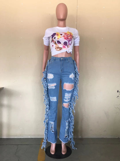 Natural Body Fit American Distressed Washed Tassel Jeans