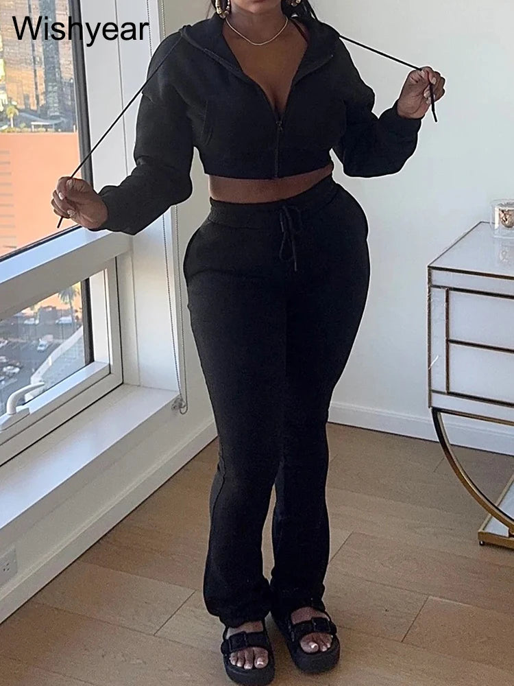 Women's Autumn Fashion Sport Suit Two-Piece Set Hooded Crop Top with Pockets Drawstring Patchwork Pants Streetwear Tracksuit